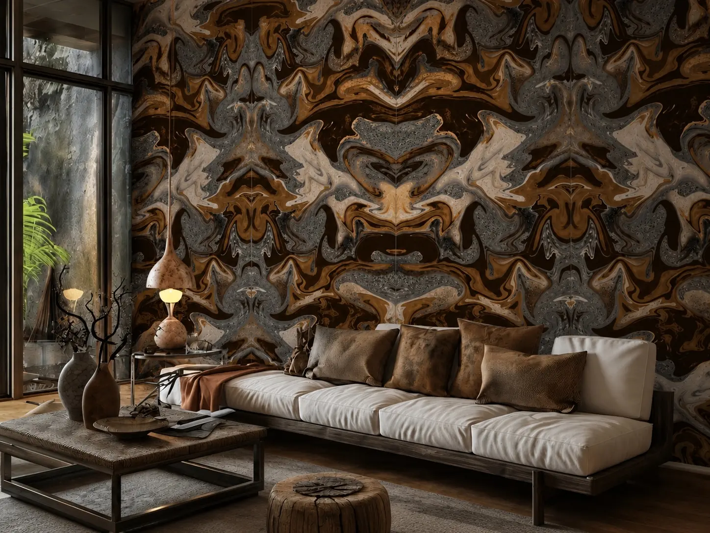 Ambiente Living integrado com a placa Pelle Bronze Graphite