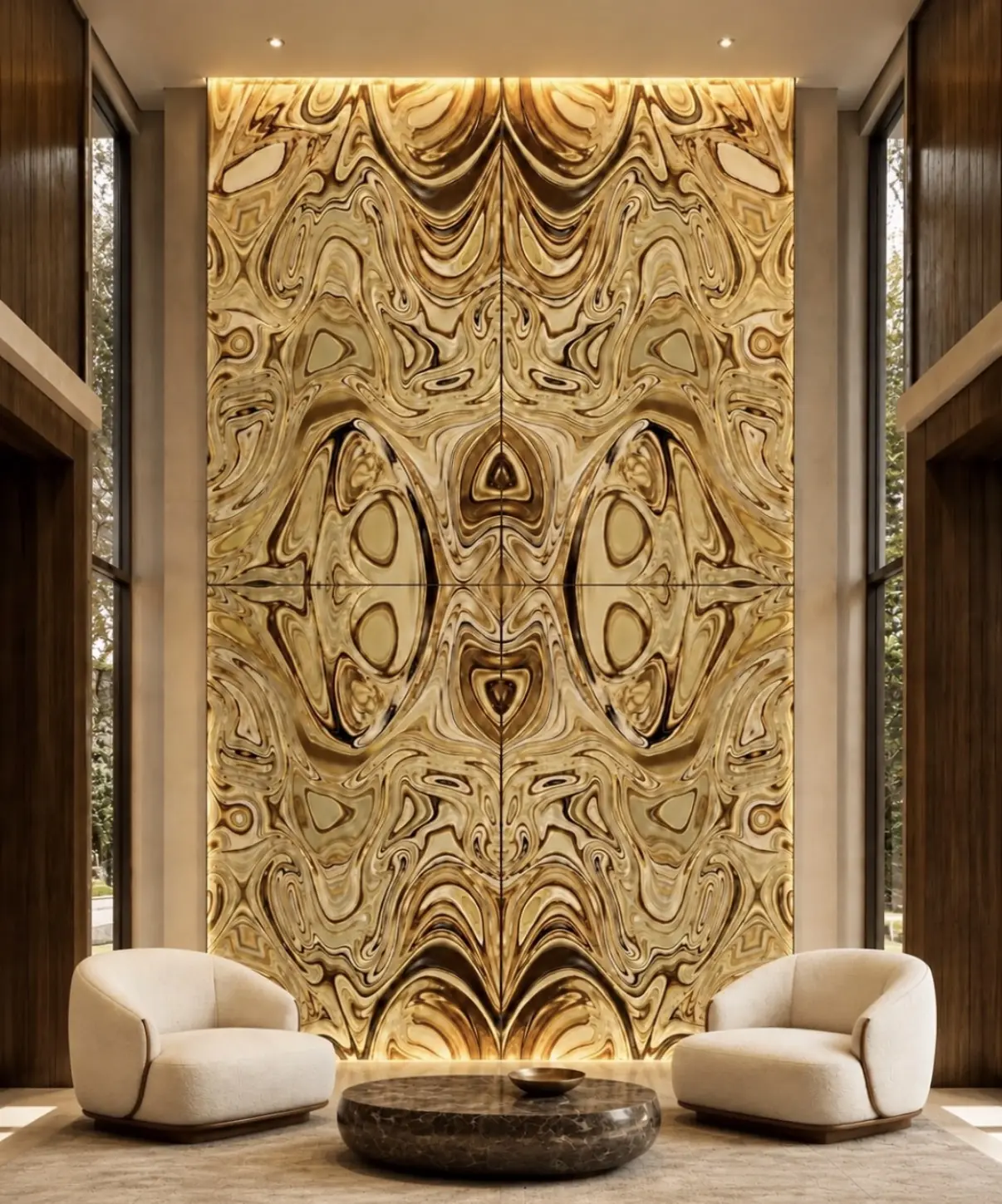 Ambiente Living com painel retroiluminado com a placa Pelle Palazzo D’oro
